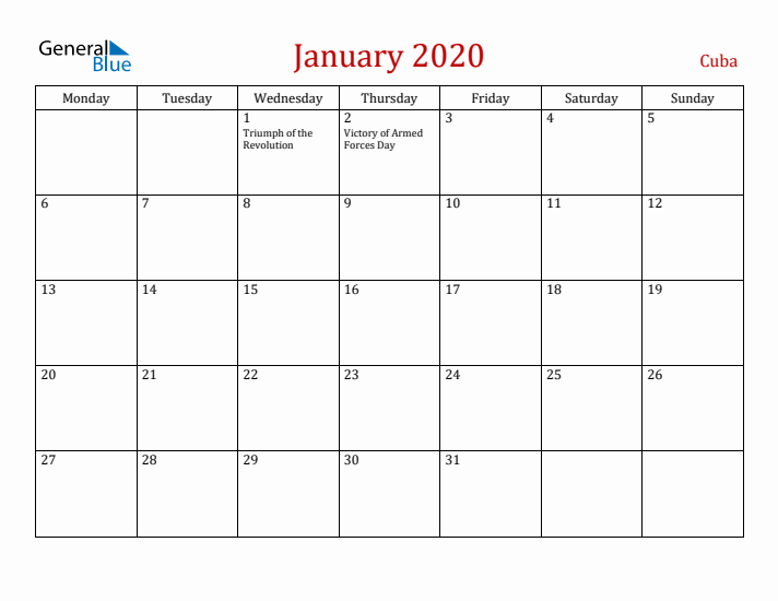 Cuba January 2020 Calendar - Monday Start