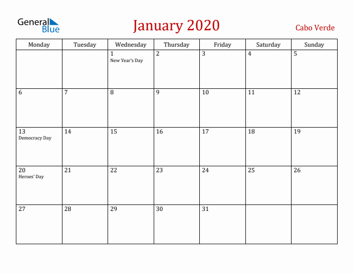 Cabo Verde January 2020 Calendar - Monday Start