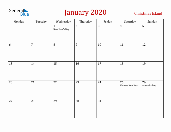 Christmas Island January 2020 Calendar - Monday Start