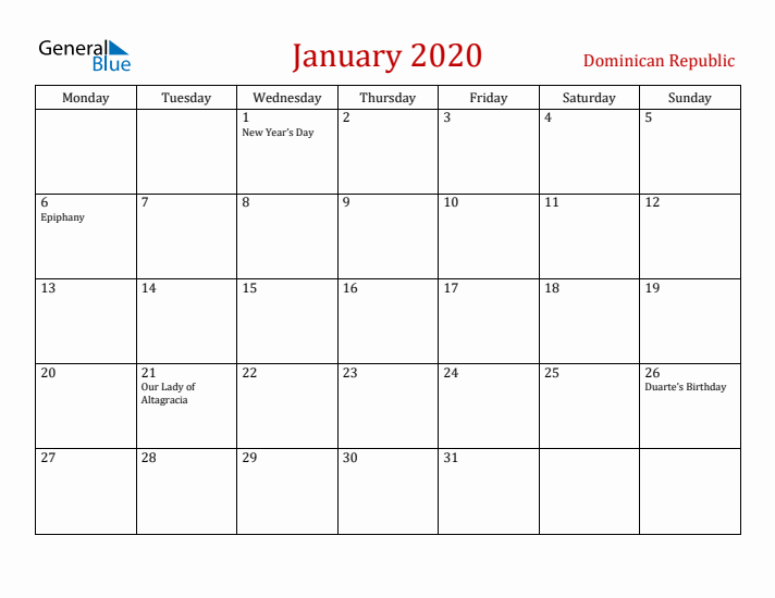 Dominican Republic January 2020 Calendar - Monday Start