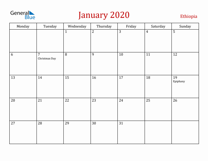 Ethiopia January 2020 Calendar - Monday Start