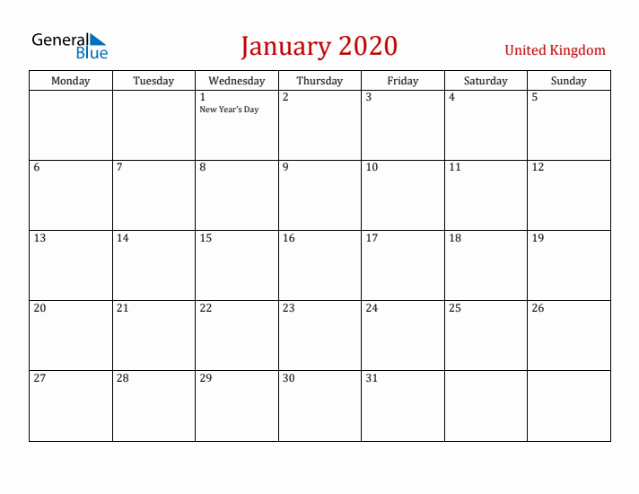 United Kingdom January 2020 Calendar - Monday Start