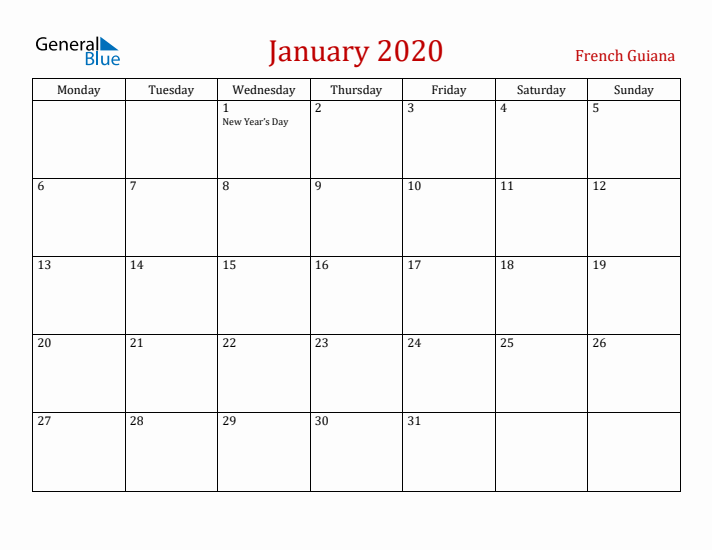 French Guiana January 2020 Calendar - Monday Start