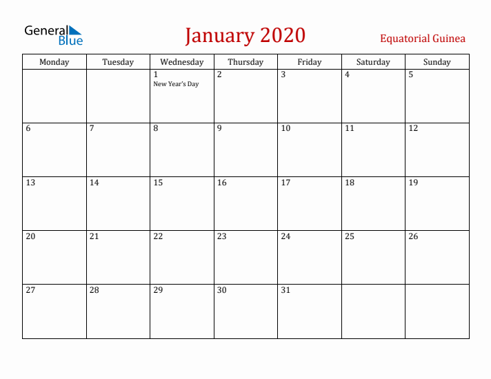 Equatorial Guinea January 2020 Calendar - Monday Start