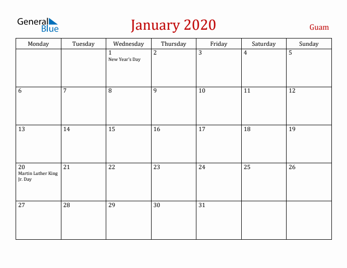 Guam January 2020 Calendar - Monday Start