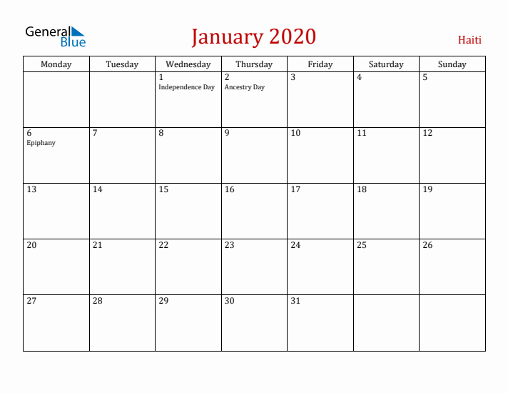 Haiti January 2020 Calendar - Monday Start