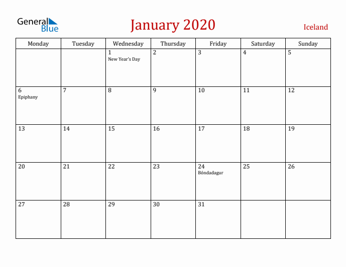Iceland January 2020 Calendar - Monday Start