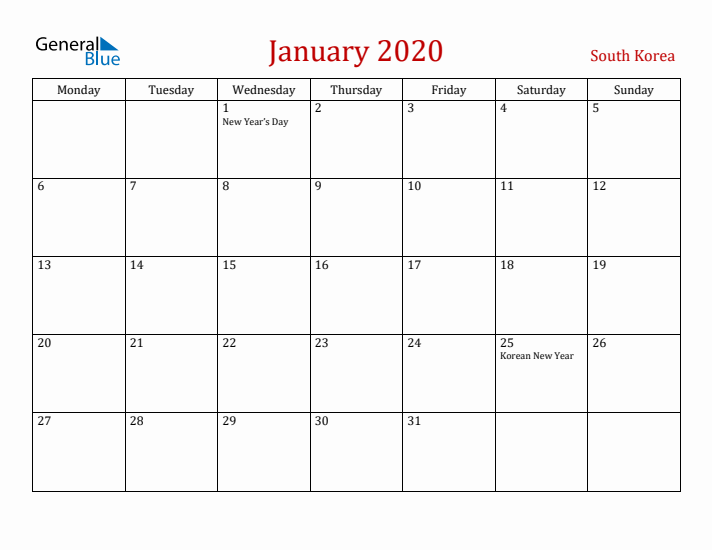 South Korea January 2020 Calendar - Monday Start