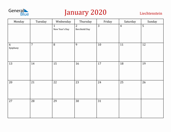Liechtenstein January 2020 Calendar - Monday Start