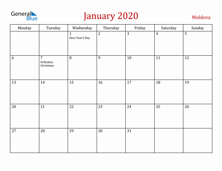 Moldova January 2020 Calendar - Monday Start