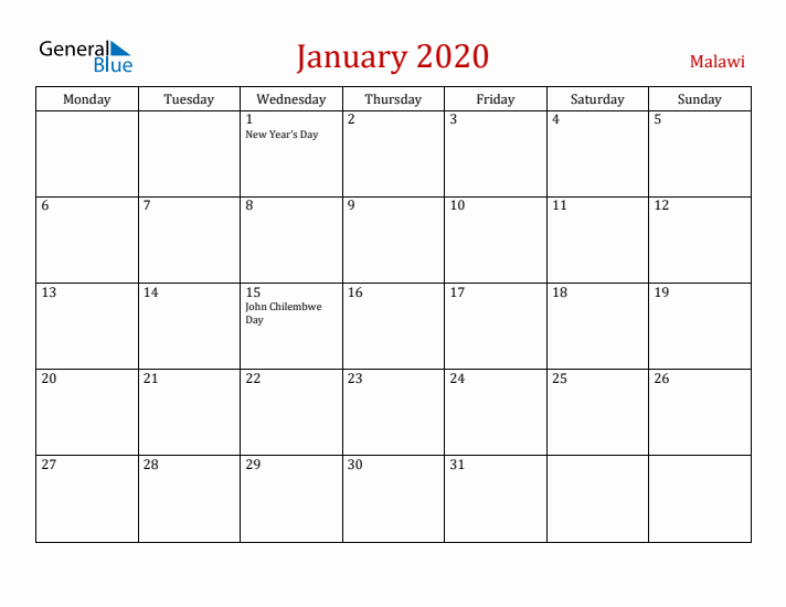 Malawi January 2020 Calendar - Monday Start