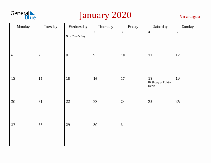 Nicaragua January 2020 Calendar - Monday Start