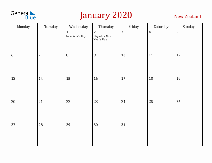 New Zealand January 2020 Calendar - Monday Start