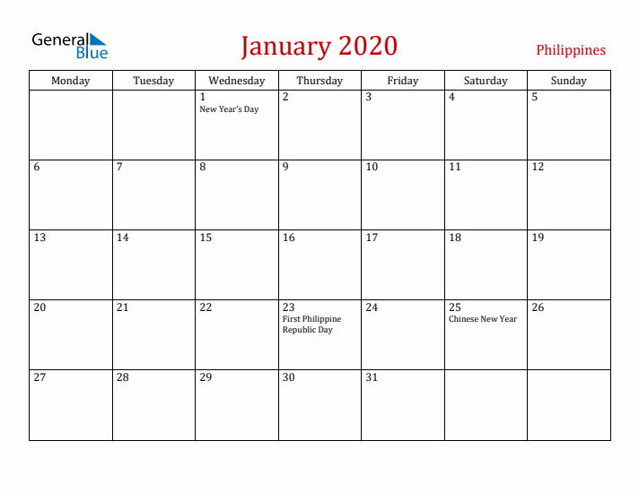 Philippines January 2020 Calendar - Monday Start