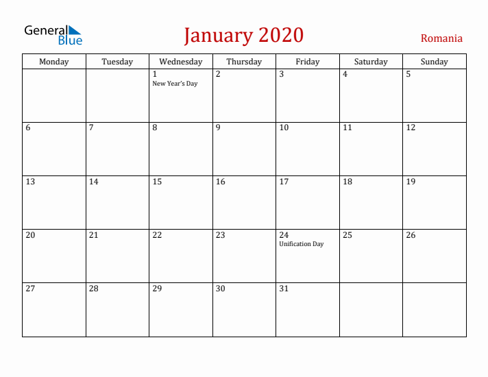 Romania January 2020 Calendar - Monday Start