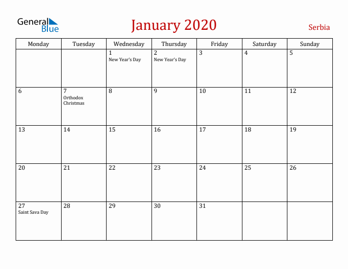 Serbia January 2020 Calendar - Monday Start