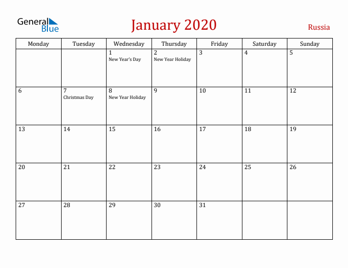 Russia January 2020 Calendar - Monday Start