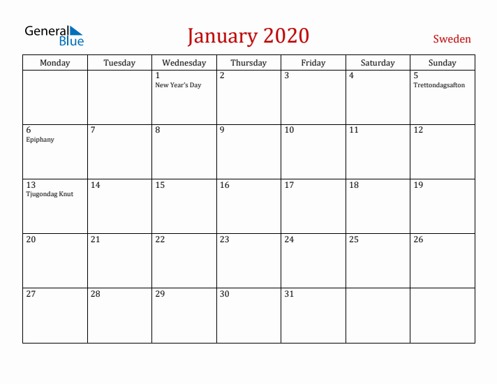 Sweden January 2020 Calendar - Monday Start