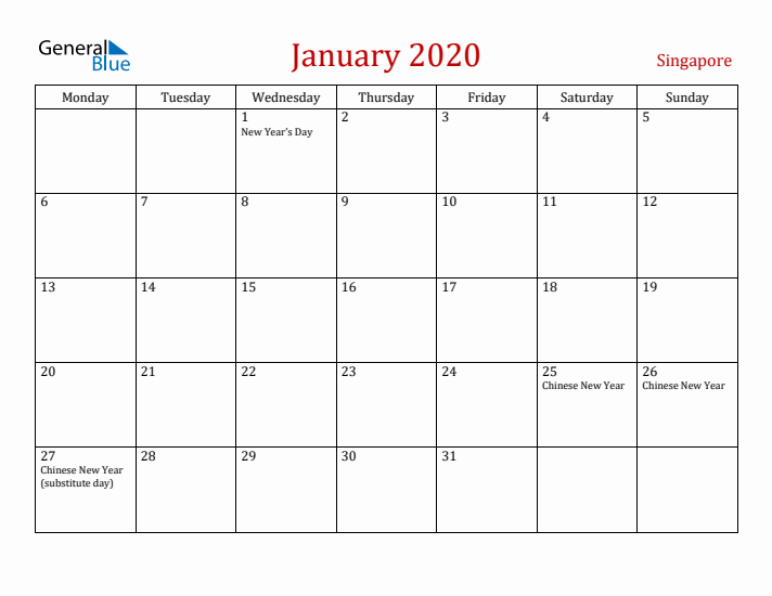 Singapore January 2020 Calendar - Monday Start