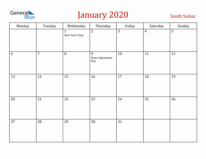 South Sudan January 2020 Calendar - Monday Start