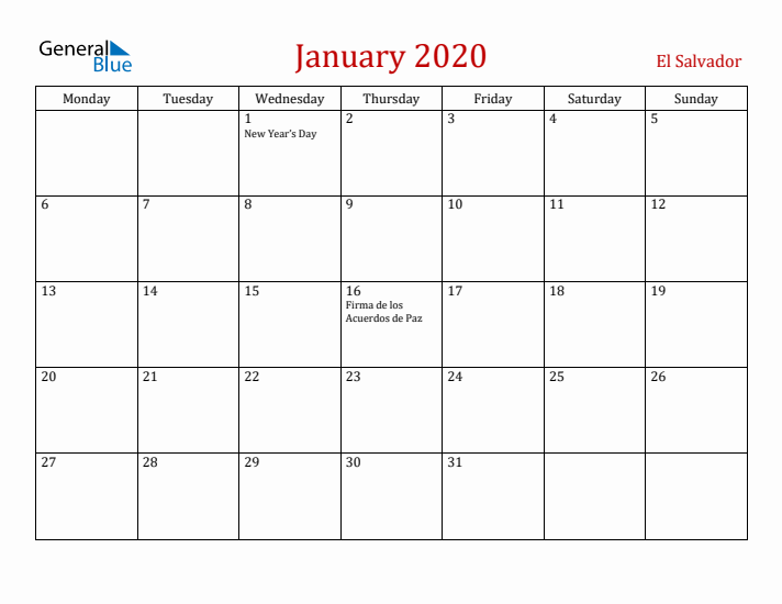 El Salvador January 2020 Calendar - Monday Start