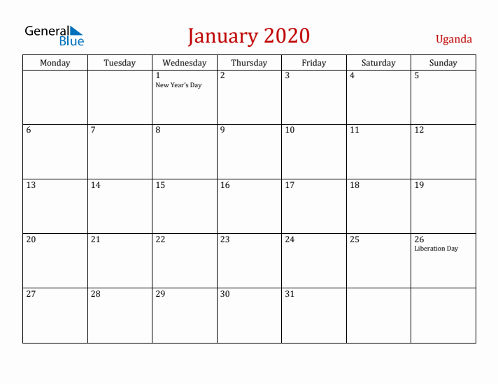 Uganda January 2020 Calendar - Monday Start