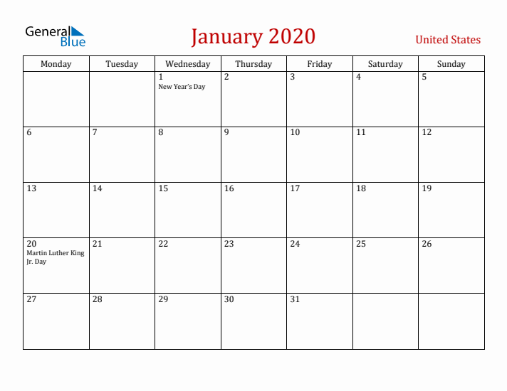 United States January 2020 Calendar - Monday Start