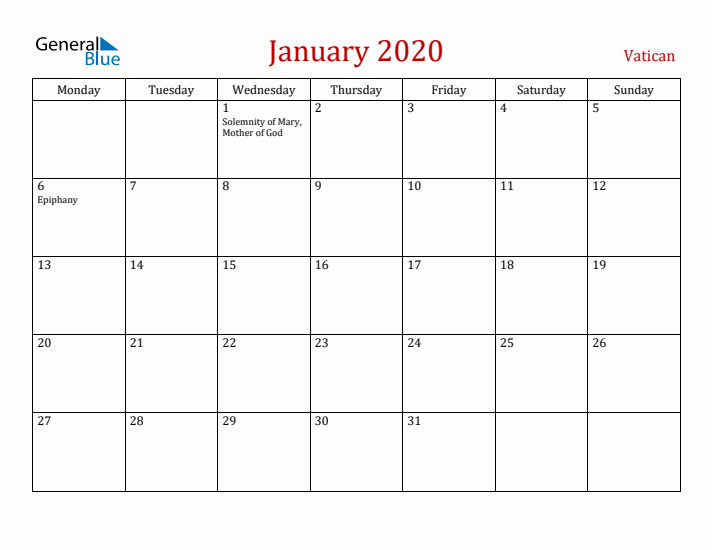 Vatican January 2020 Calendar - Monday Start