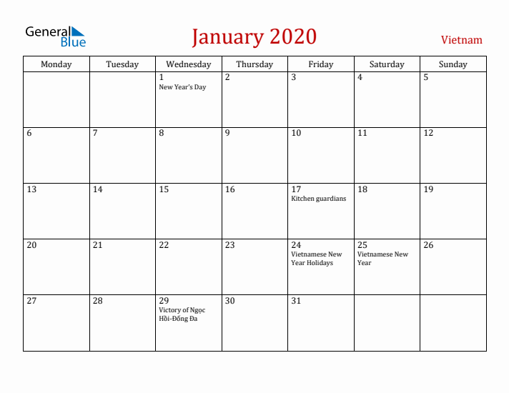 Vietnam January 2020 Calendar - Monday Start
