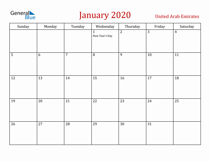 United Arab Emirates January 2020 Calendar - Sunday Start