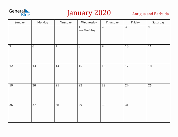 Antigua and Barbuda January 2020 Calendar - Sunday Start