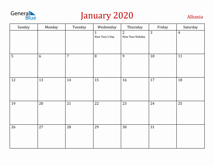 Albania January 2020 Calendar - Sunday Start