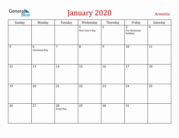 Armenia January 2020 Calendar - Sunday Start