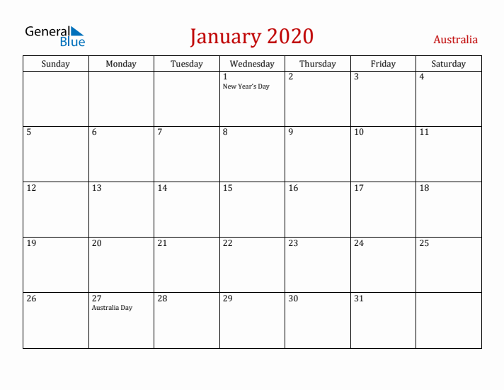 Australia January 2020 Calendar - Sunday Start