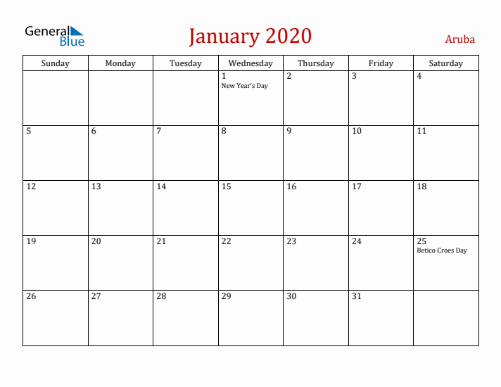 Aruba January 2020 Calendar - Sunday Start