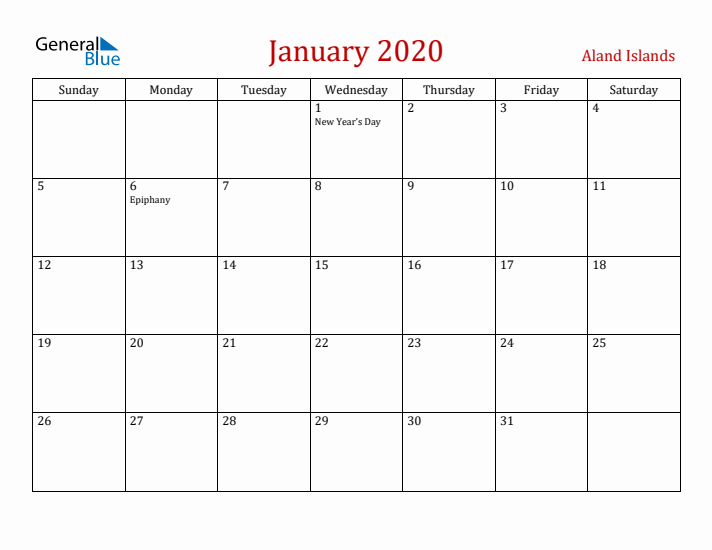 Aland Islands January 2020 Calendar - Sunday Start