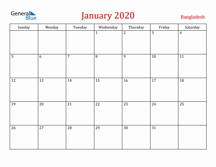 Bangladesh January 2020 Calendar - Sunday Start