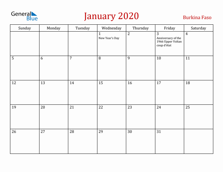 Burkina Faso January 2020 Calendar - Sunday Start