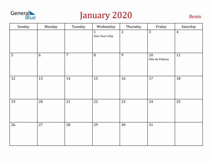 Benin January 2020 Calendar - Sunday Start