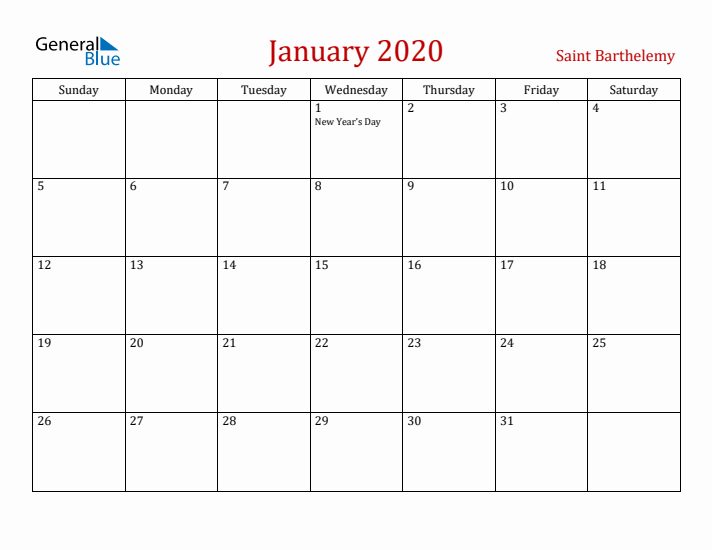 Saint Barthelemy January 2020 Calendar - Sunday Start