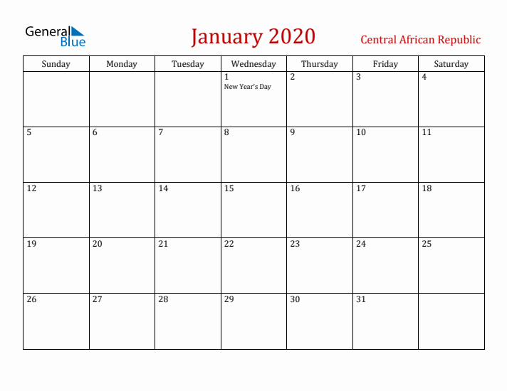 Central African Republic January 2020 Calendar - Sunday Start