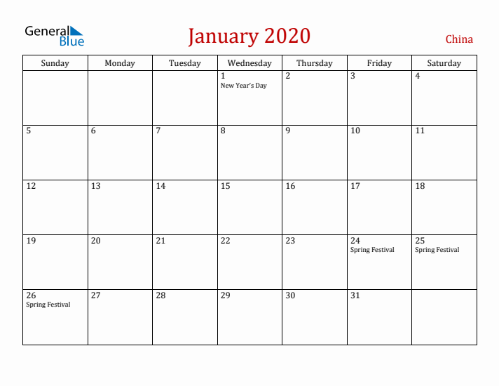 China January 2020 Calendar - Sunday Start