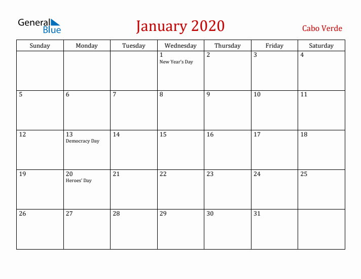 Cabo Verde January 2020 Calendar - Sunday Start