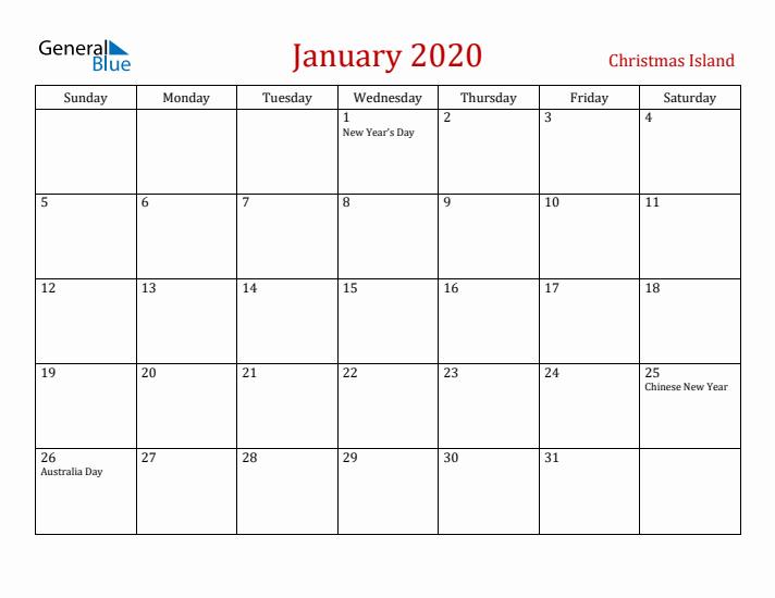 Christmas Island January 2020 Calendar - Sunday Start