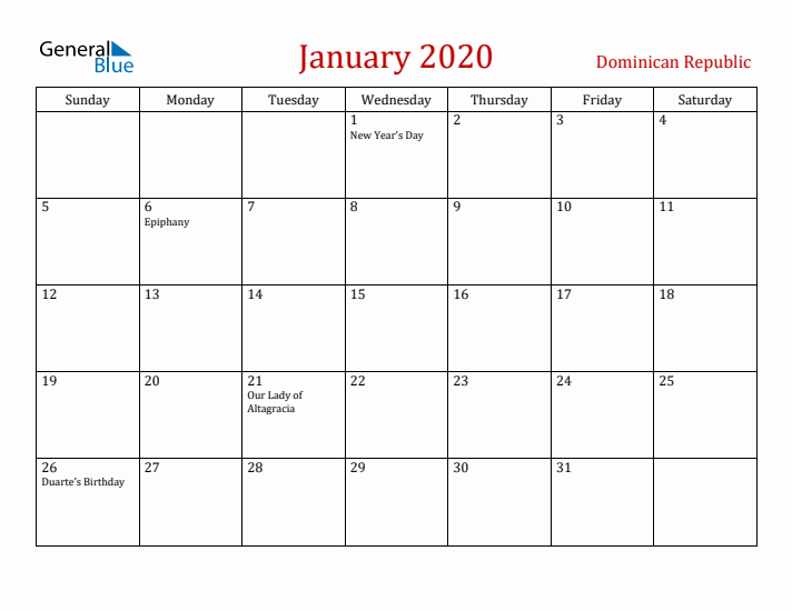 Dominican Republic January 2020 Calendar - Sunday Start
