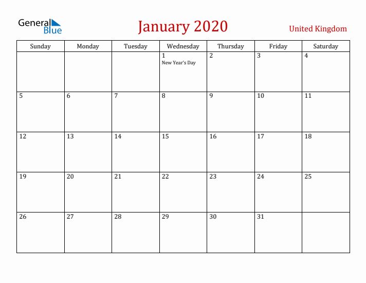 United Kingdom January 2020 Calendar - Sunday Start