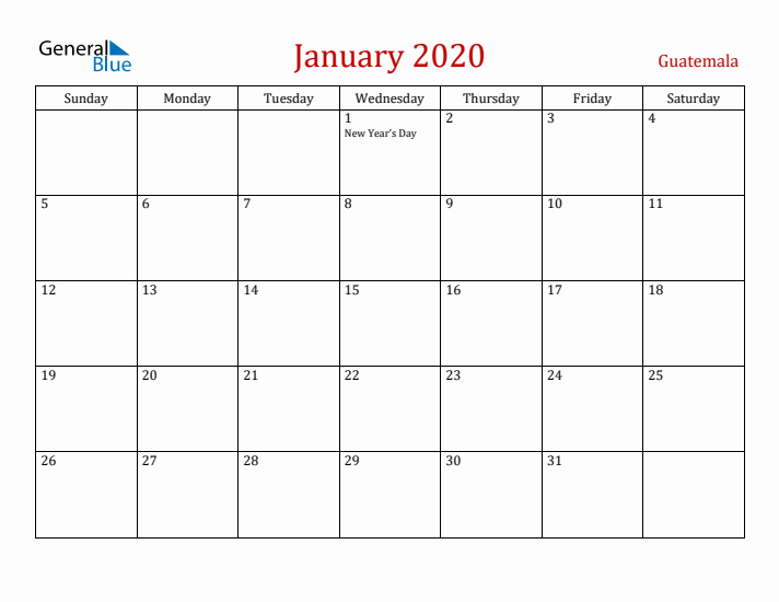 Guatemala January 2020 Calendar - Sunday Start