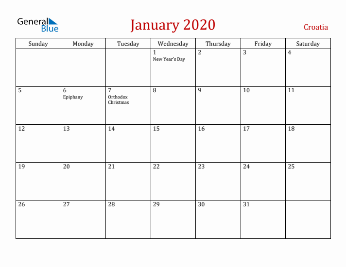Croatia January 2020 Calendar - Sunday Start