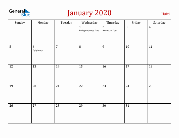 Haiti January 2020 Calendar - Sunday Start