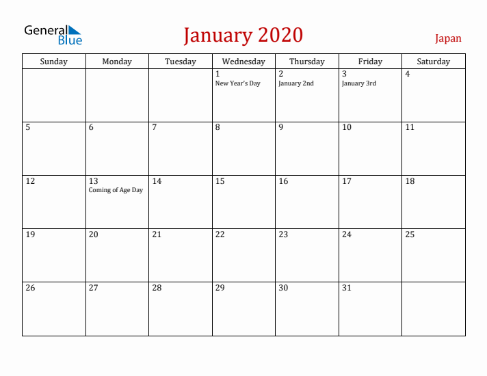 Japan January 2020 Calendar - Sunday Start